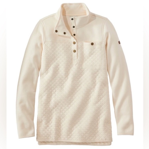 L.L. Bean Quilted Snap Front Placket Mockneck Cream Tunic Sweatshirt Size Small - Picture 1 of 16